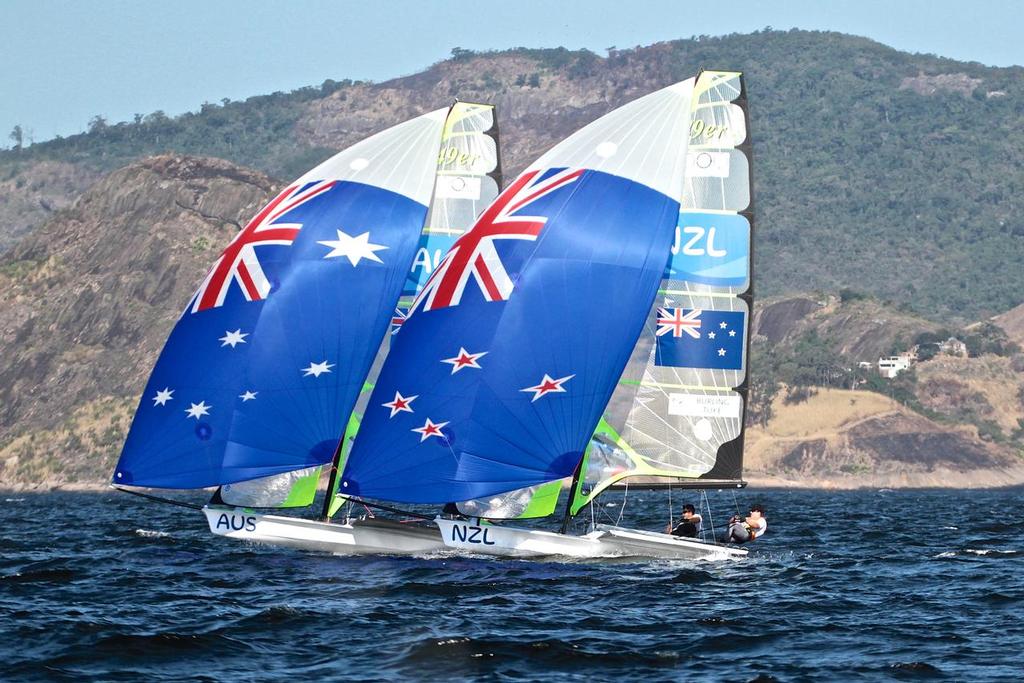 Peter Burling and Blair Tuke contest the minor places in Race 4 long standing rivals in the Olympics and America's Cup, Nathan Outteridge and Iain Jensen (AUS)  in Race 4 © Richard Gladwell www.photosport.co.nz